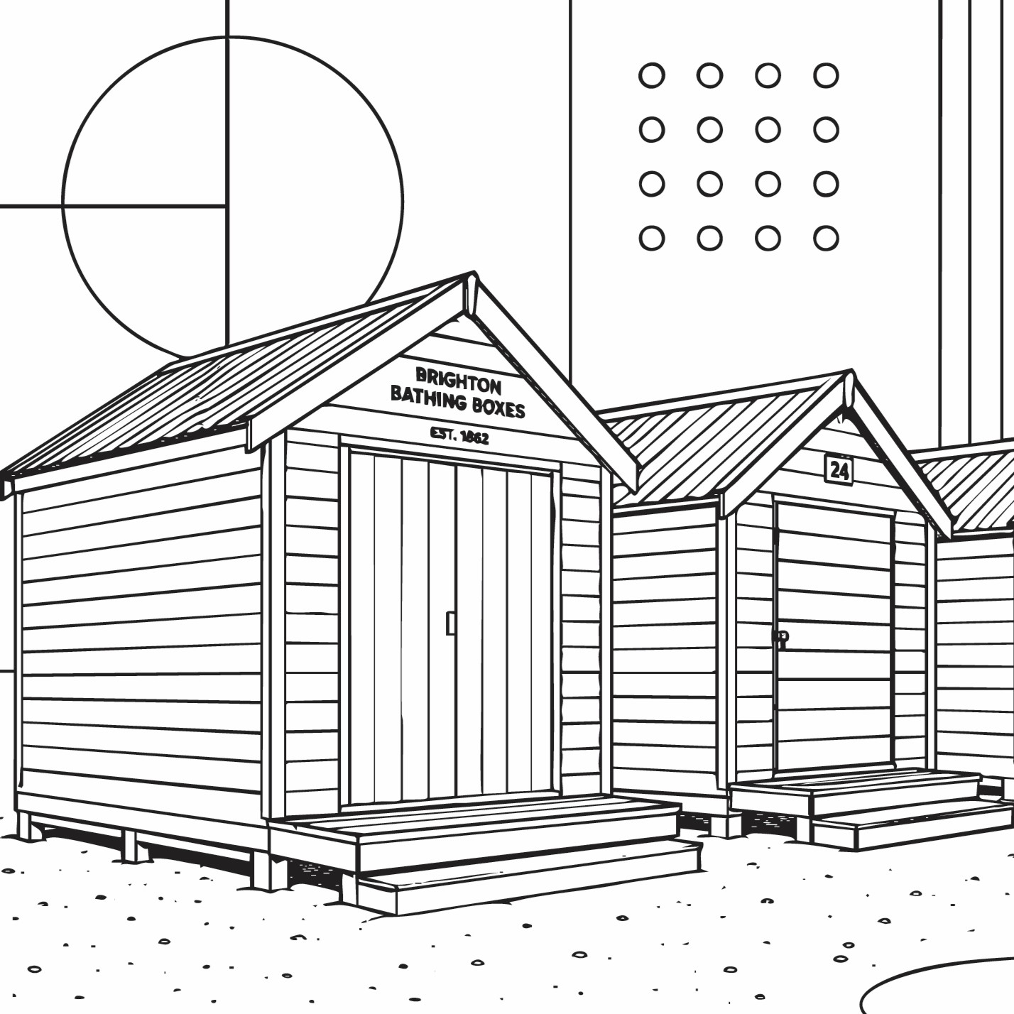 Melbourne Bauhaus colouring book illustration brighton bathing boxes